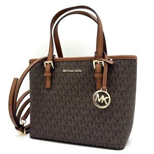 Michael Kors Jet Set Travel Extra-Small Logo Top-Zip Tote Bag Brown Signature